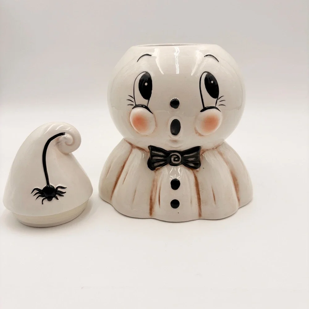 Johanna Parker Ceramic Ghost Canister Halloween Cookie Jar with Spider Hat